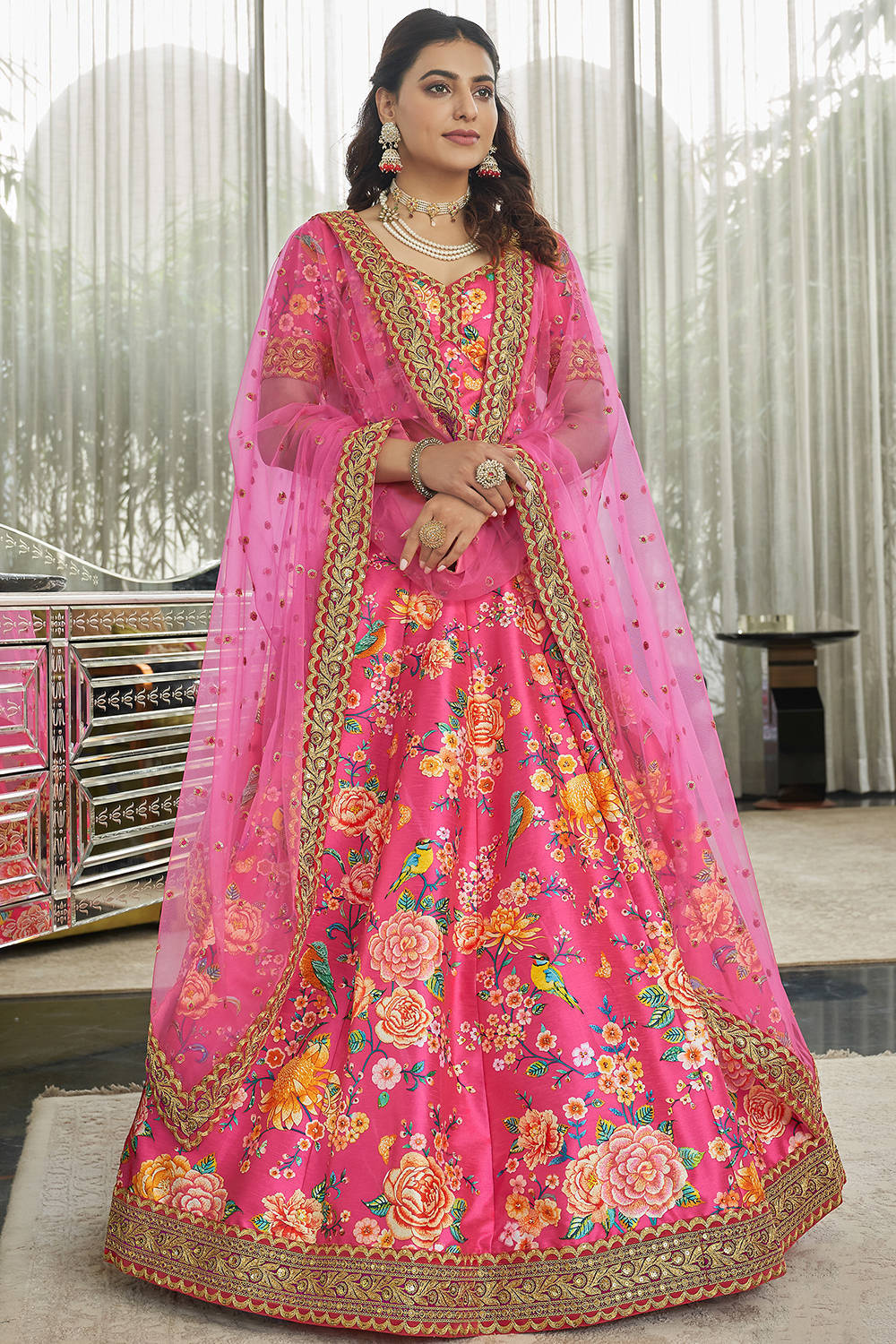 Wonderful Deep Pink Floral Printed Art Silk Lehenga Choli With Dupatta ClothsVilla