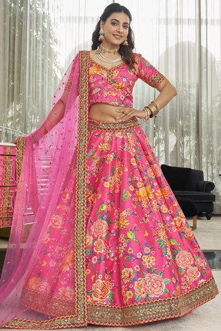 Wonderful Deep Pink Floral Printed Art Silk Lehenga Choli With Dupatta ClothsVilla