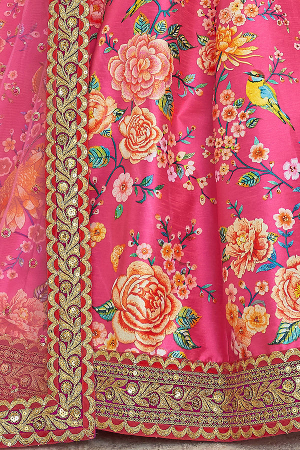Wonderful Deep Pink Floral Printed Art Silk Lehenga Choli With Dupatta ClothsVilla
