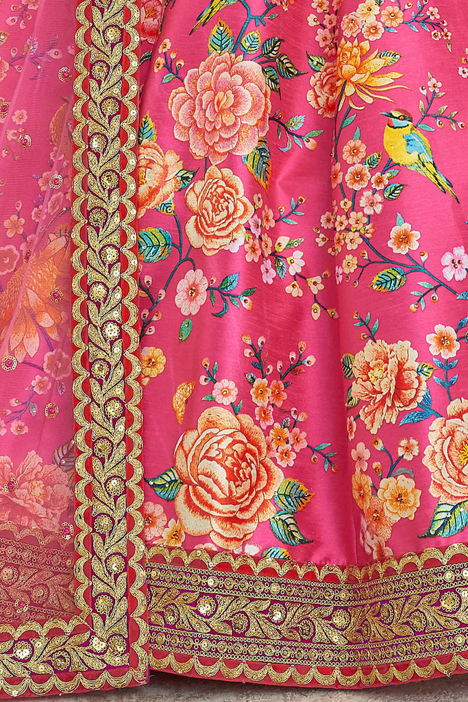 Wonderful Deep Pink Floral Printed Art Silk Lehenga Choli With Dupatta ClothsVilla