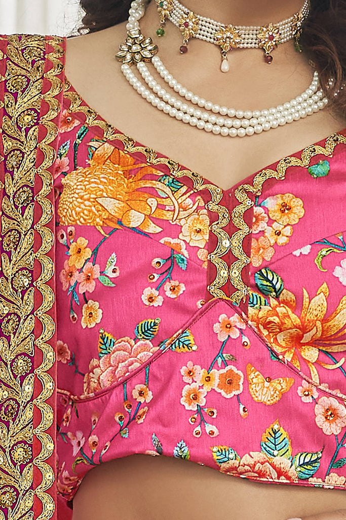 Wonderful Deep Pink Floral Printed Art Silk Lehenga Choli With Dupatta ClothsVilla