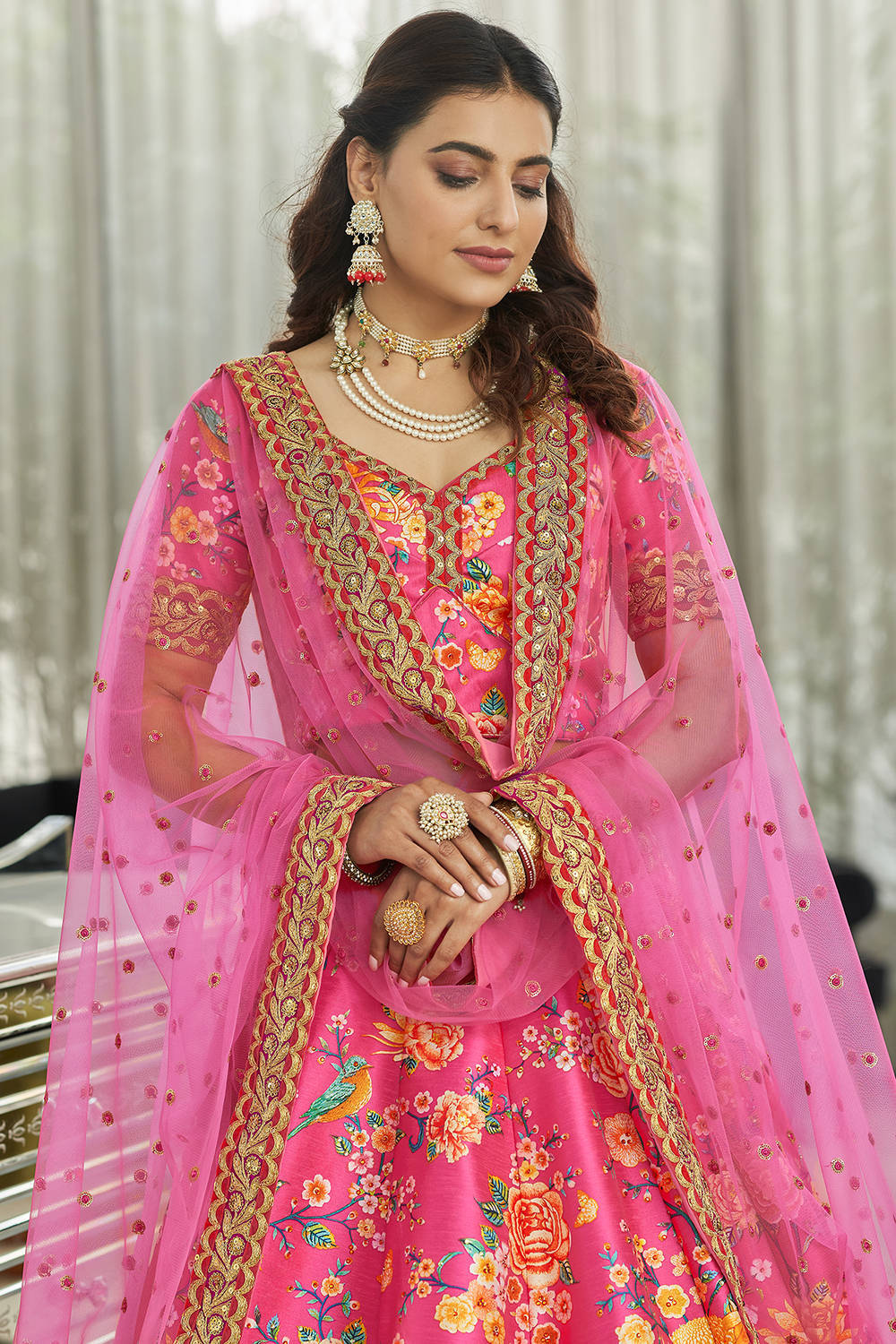 Wonderful Deep Pink Floral Printed Art Silk Lehenga Choli With Dupatta ClothsVilla