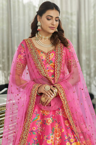Wonderful Deep Pink Floral Printed Art Silk Lehenga Choli With Dupatta ClothsVilla