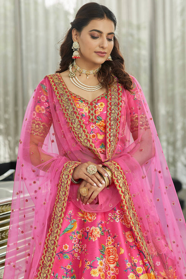 Wonderful Deep Pink Floral Printed Art Silk Lehenga Choli With Dupatta ClothsVilla