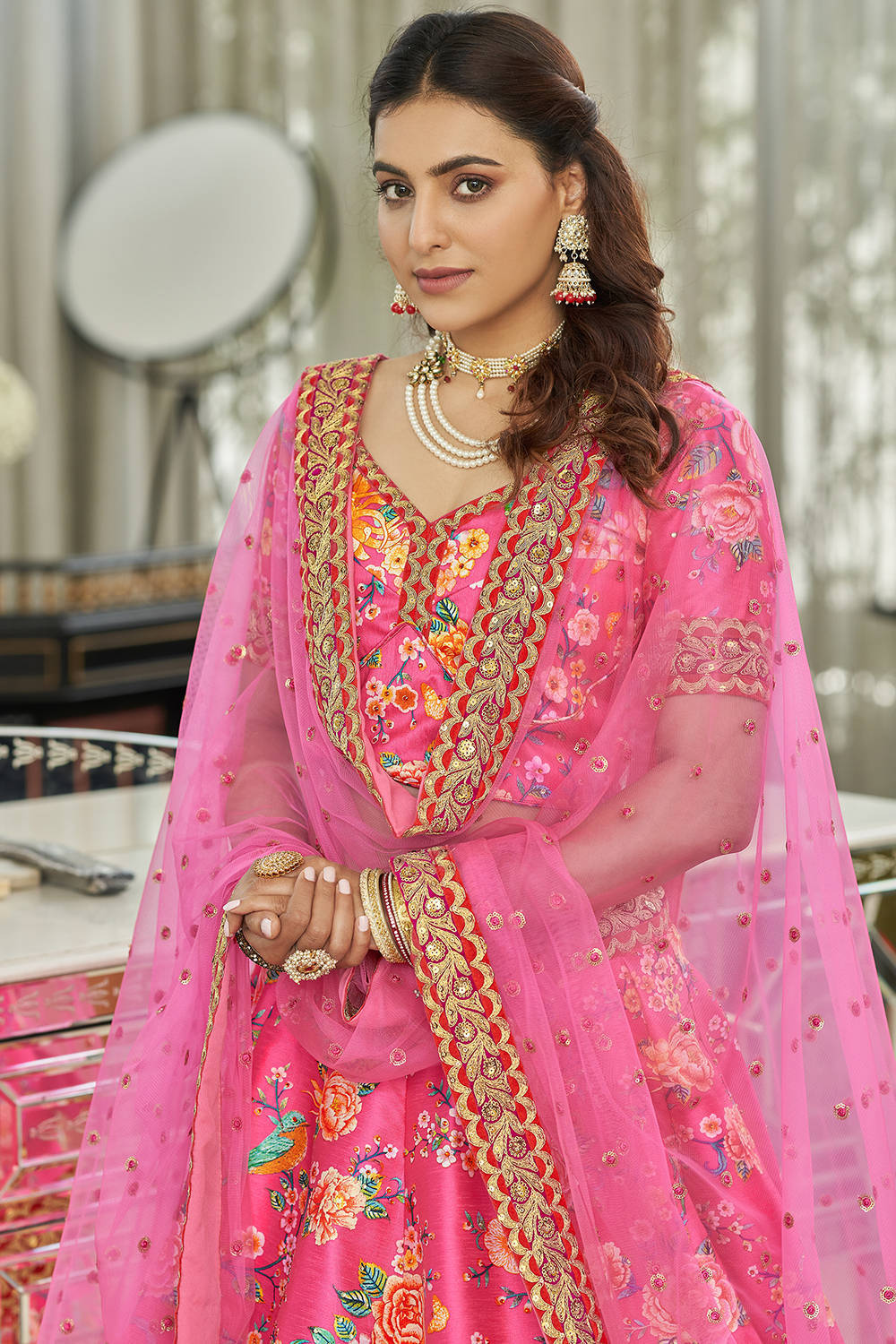 Wonderful Deep Pink Floral Printed Art Silk Lehenga Choli With Dupatta ClothsVilla