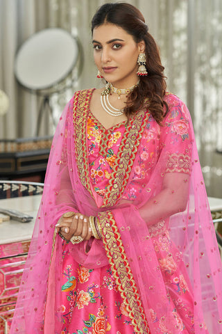 Wonderful Deep Pink Floral Printed Art Silk Lehenga Choli With Dupatta ClothsVilla