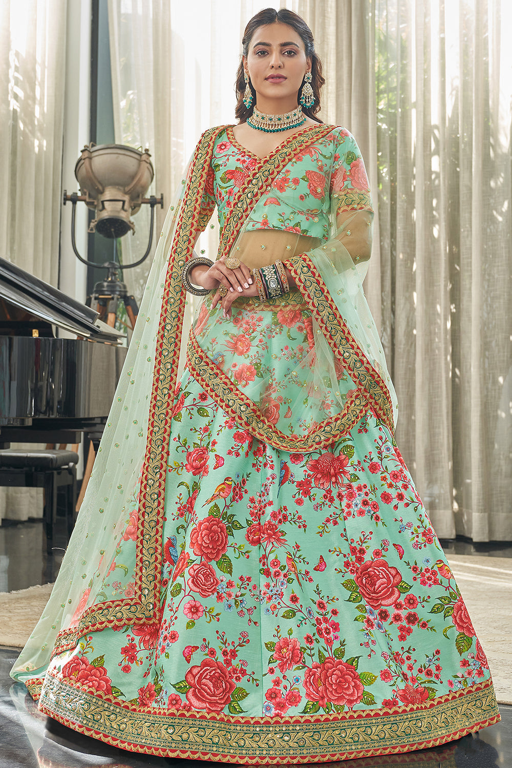 Magnificent Mint Green Floral Printed Art Silk Lehenga Choli With Dupatta ClothsVilla