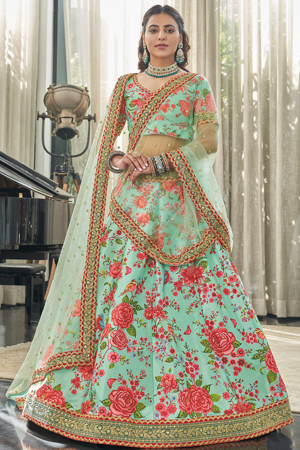 Magnificent Mint Green Floral Printed Art Silk Lehenga Choli With Dupatta ClothsVilla