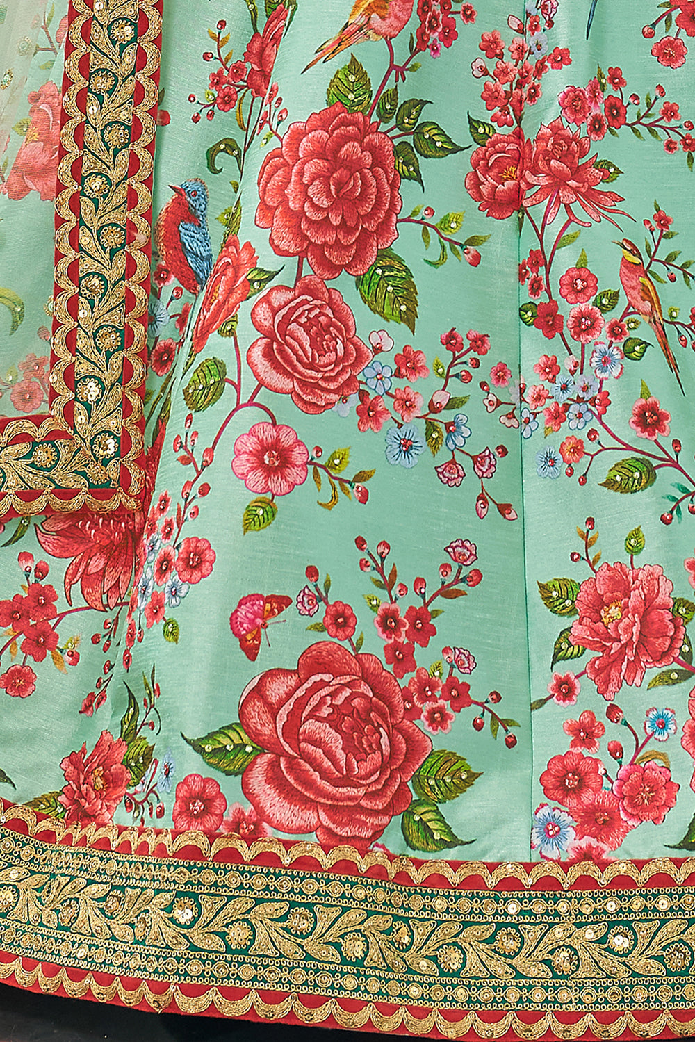 Magnificent Mint Green Floral Printed Art Silk Lehenga Choli With Dupatta ClothsVilla