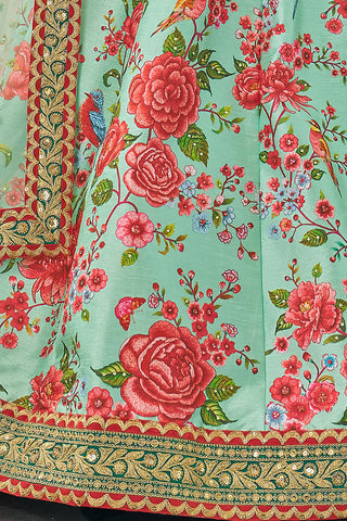 Magnificent Mint Green Floral Printed Art Silk Lehenga Choli With Dupatta ClothsVilla