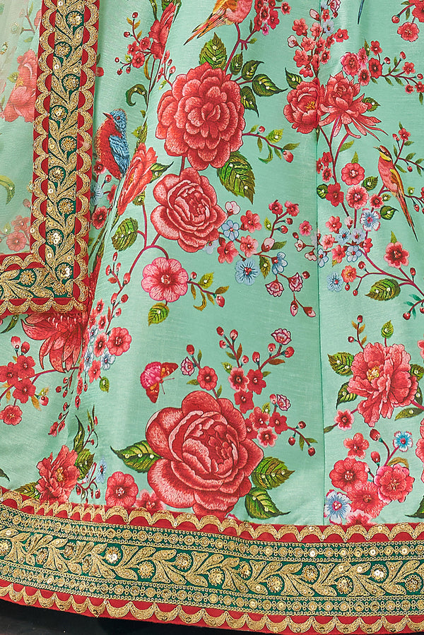 Magnificent Mint Green Floral Printed Art Silk Lehenga Choli With Dupatta ClothsVilla