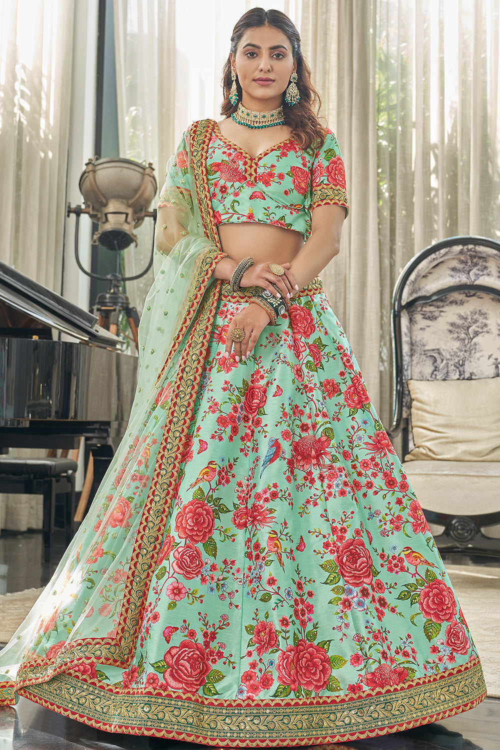 Magnificent Mint Green Floral Printed Art Silk Lehenga Choli With Dupatta Secondary image