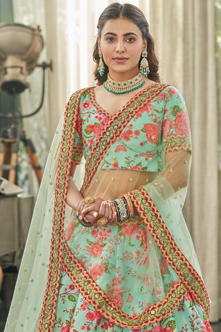 Magnificent Mint Green Floral Printed Art Silk Lehenga Choli With Dupatta ClothsVilla