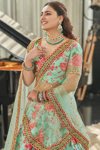 Magnificent Mint Green Floral Printed Art Silk Lehenga Choli With Dupatta ClothsVilla