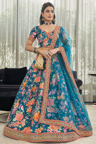 Marvelous Teal Blue Floral Printed Art Silk Lehenga Choli With Dupatta ClothsVilla
