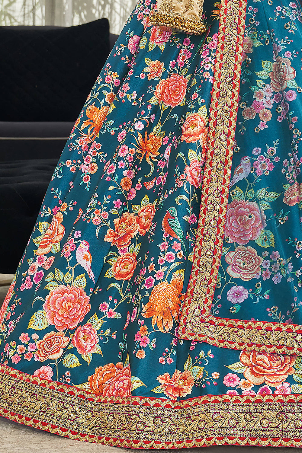 Marvelous Teal Blue Floral Printed Art Silk Lehenga Choli With Dupatta ClothsVilla