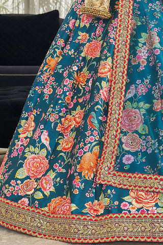 Marvelous Teal Blue Floral Printed Art Silk Lehenga Choli With Dupatta ClothsVilla