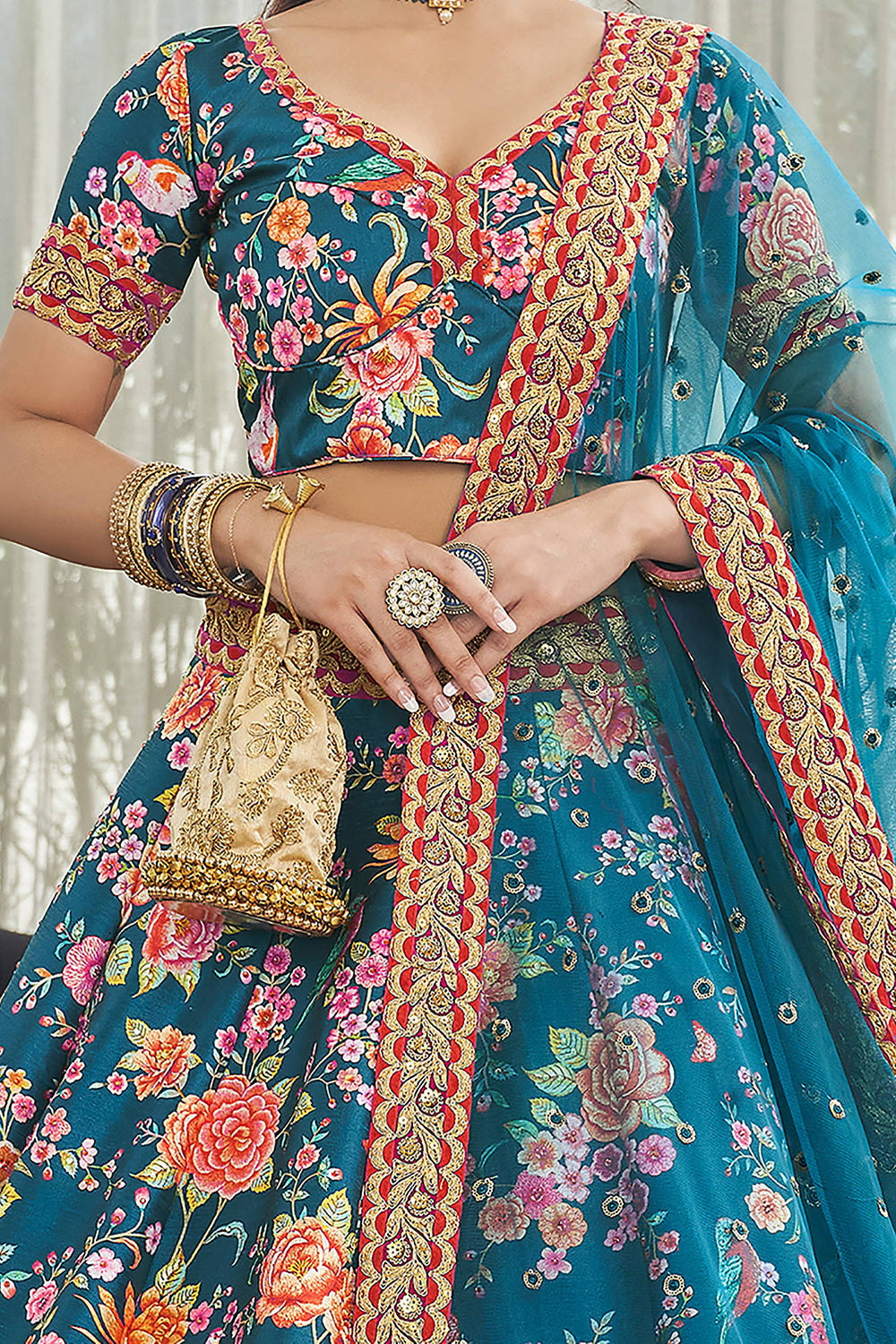 Marvelous Teal Blue Floral Printed Art Silk Lehenga Choli With Dupatta ClothsVilla