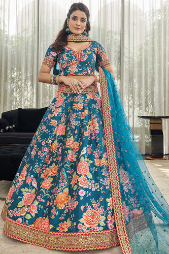 Marvelous Teal Blue Floral Printed Art Silk Lehenga Choli With Dupatta ClothsVilla