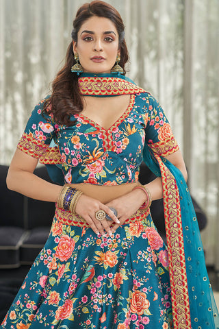 Marvelous Teal Blue Floral Printed Art Silk Lehenga Choli With Dupatta ClothsVilla