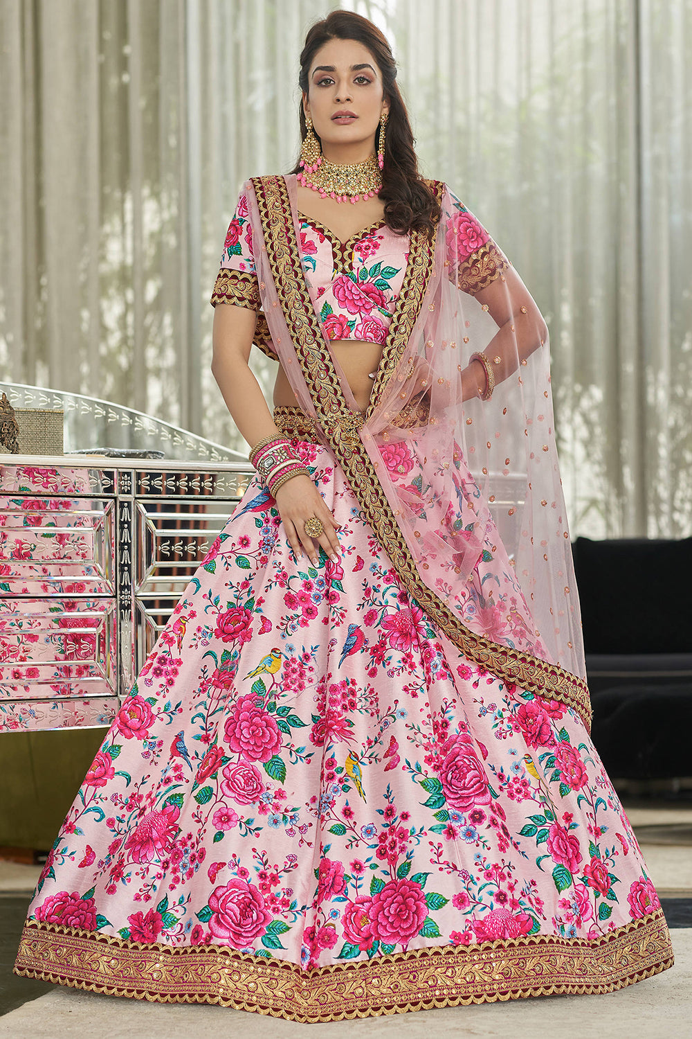 Incredible Light Pink Floral Printed Art Silk Lehenga Choli With Dupatta Secondary image