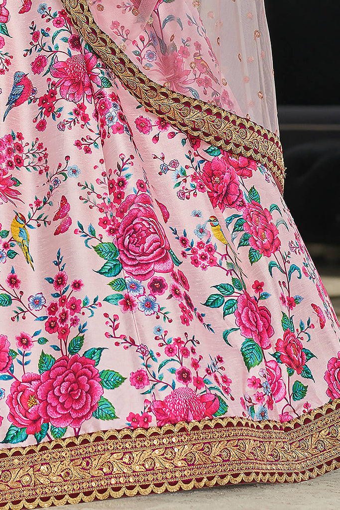 Incredible Light Pink Floral Printed Art Silk Lehenga Choli With Dupatta ClothsVilla