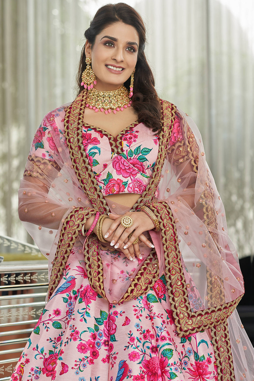 Incredible Light Pink Floral Printed Art Silk Lehenga Choli With Dupatta ClothsVilla
