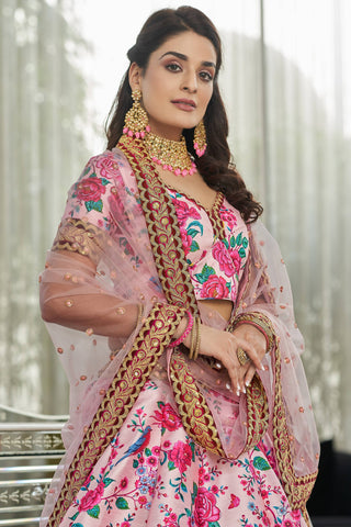 Incredible Light Pink Floral Printed Art Silk Lehenga Choli With Dupatta ClothsVilla