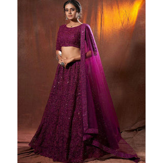 Designer Lehenga Choli in Net Fabrics and Wine Color with Embroidery Work ClothsVilla