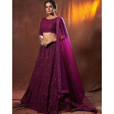 Designer Lehenga Choli in Net Fabrics and Wine Color with Embroidery Work ClothsVilla Main image