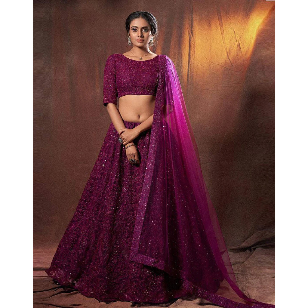 Designer Lehenga Choli in Net Fabrics and Wine Color with Embroidery Work ClothsVilla