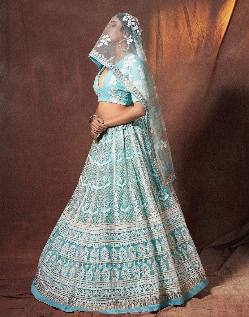 Lehenga Choli in Baby Blue Color with Soft Net Fabrics, Resham, and Sequence Work ClothsVilla
