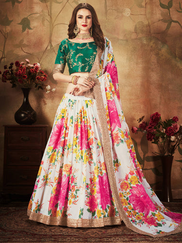 Energetic Off-White Digital Printed Organza Designer Lehenga Choli With Green Blouse ClothsVilla