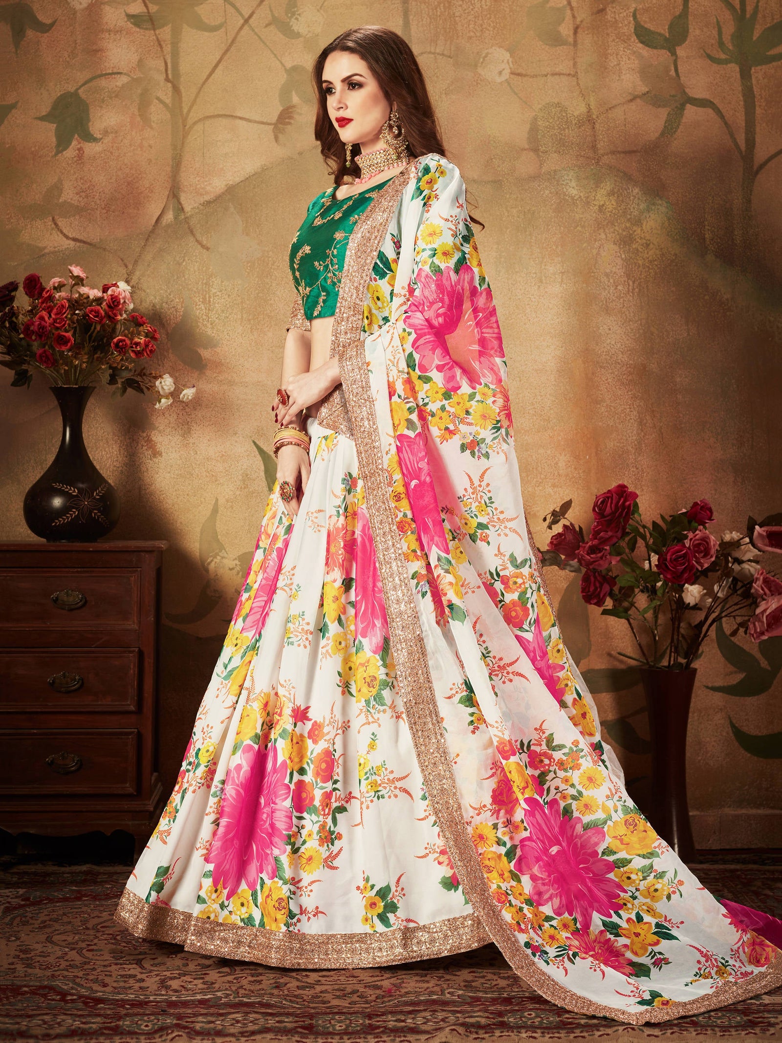 Energetic Off-White Digital Printed Organza Designer Lehenga Choli With Green Blouse ClothsVilla
