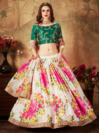 Energetic Off-White Digital Printed Organza Designer Lehenga Choli With Green Blouse ClothsVilla