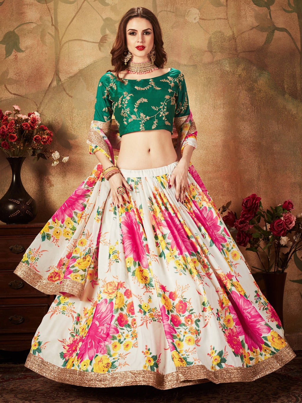 Energetic Off-White Digital Printed Organza Designer Lehenga Choli With Green Blouse ClothsVilla
