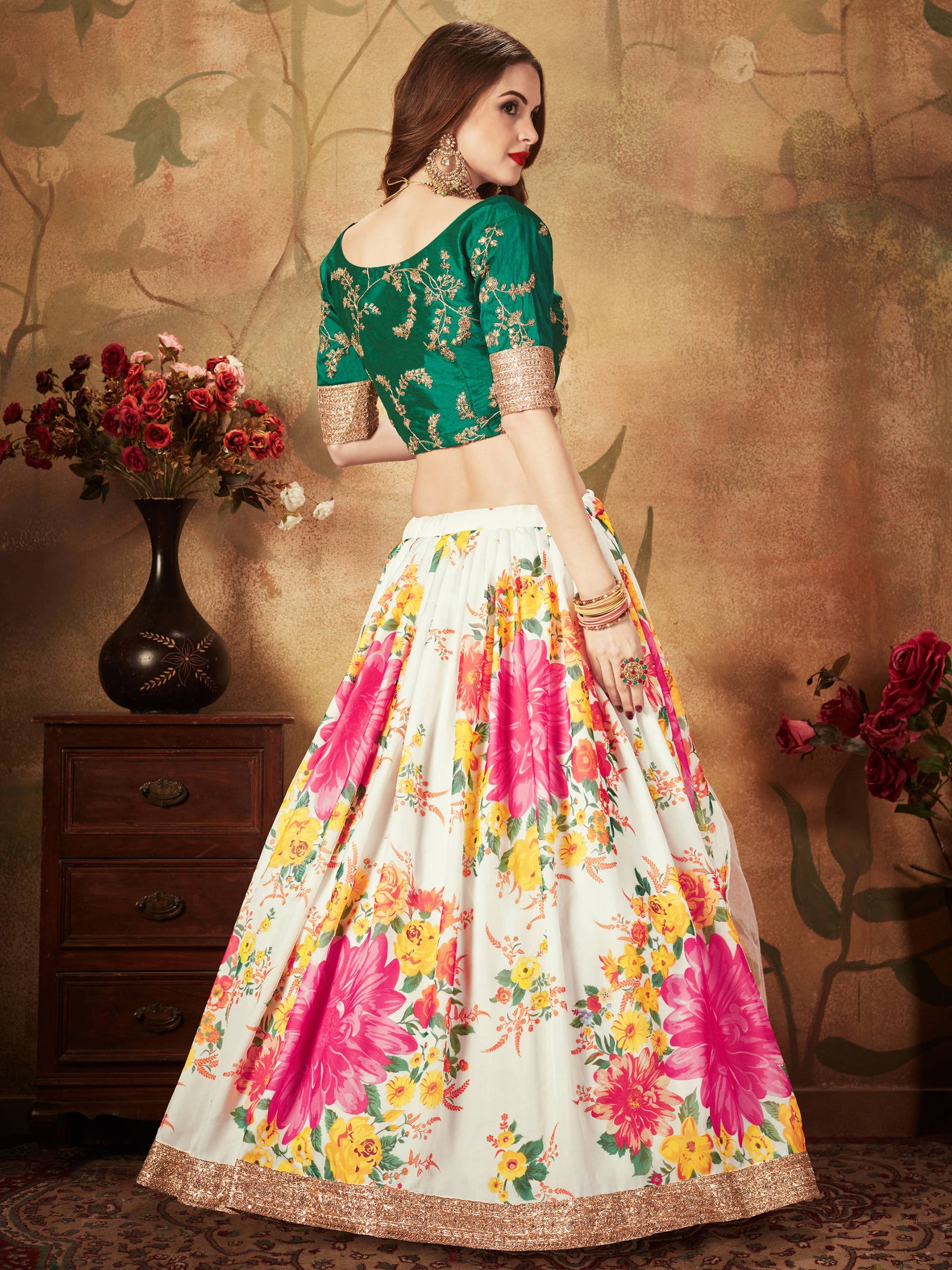 Energetic Off-White Digital Printed Organza Designer Lehenga Choli With Green Blouse ClothsVilla