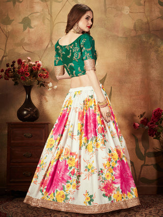 Energetic Off-White Digital Printed Organza Designer Lehenga Choli With Green Blouse ClothsVilla
