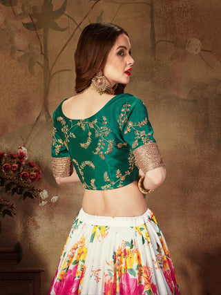 Energetic Off-White Digital Printed Organza Designer Lehenga Choli With Green Blouse ClothsVilla