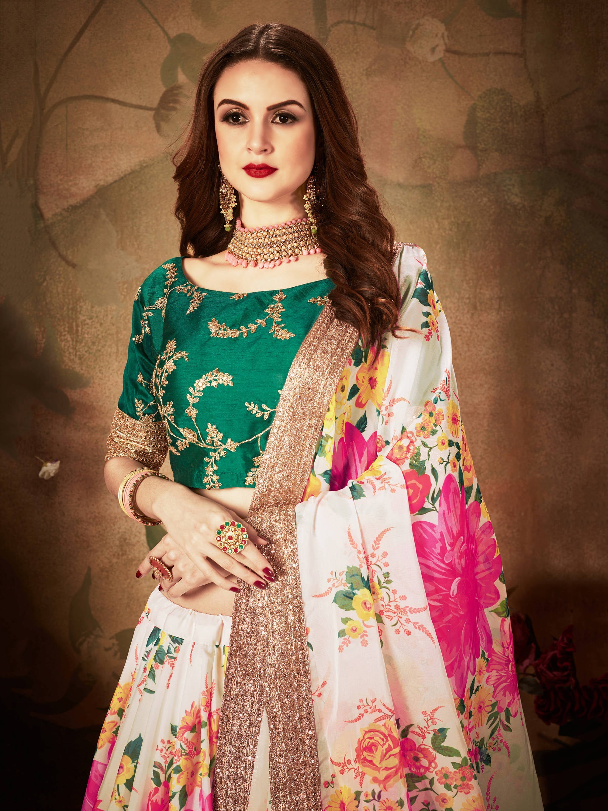 Cream Floral Digital Printed Organza Bridal Lehenga Choli ClothsVilla