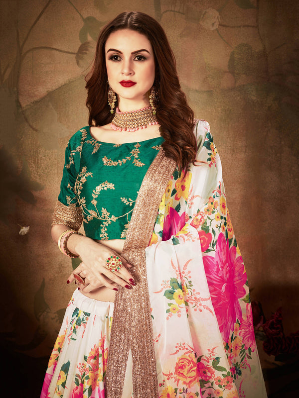 Cream Floral Digital Printed Organza Bridal Lehenga Choli ClothsVilla