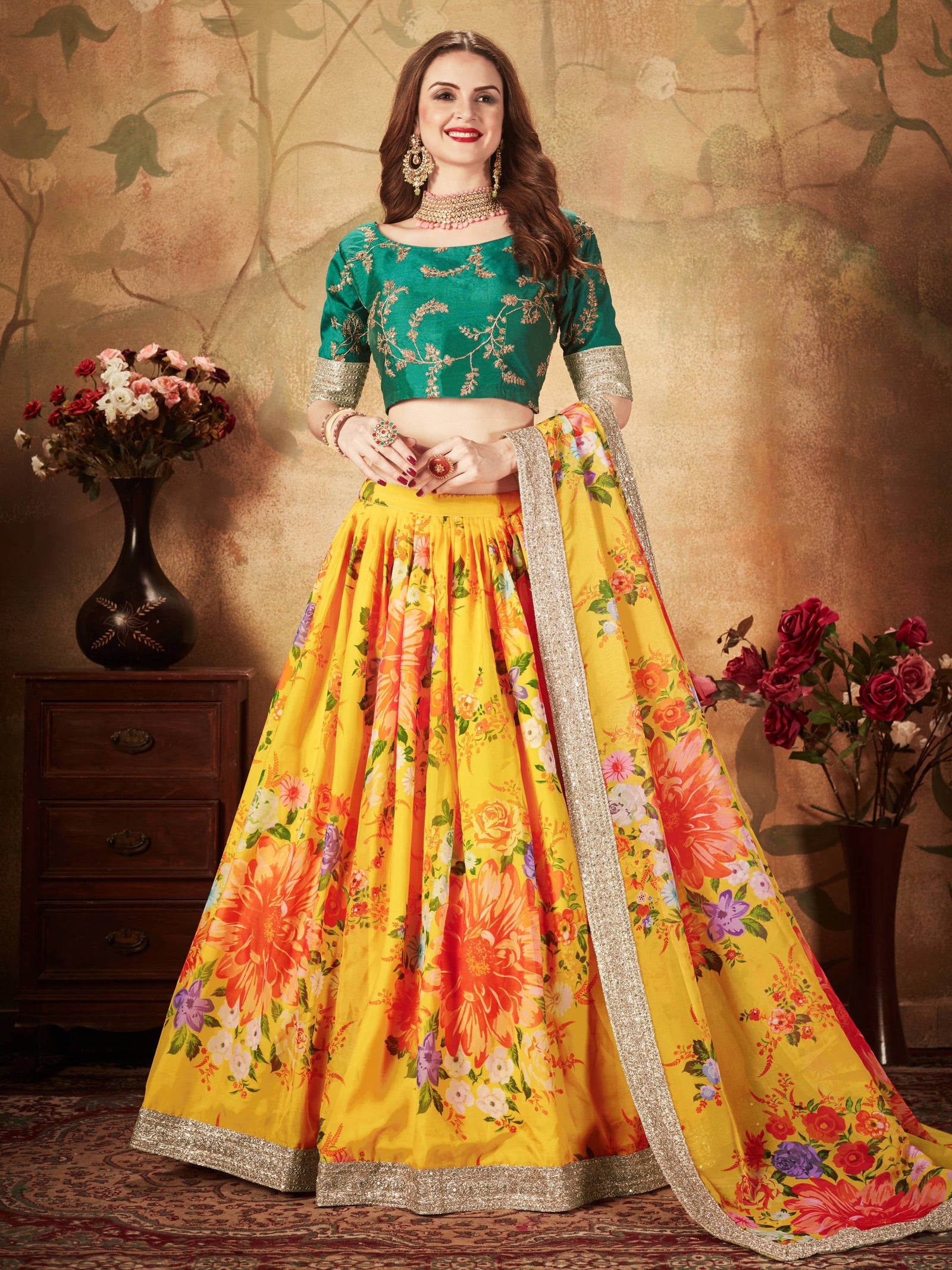Radiant Yellow Digital Printed Organza Silk Bridal Lehenga Choli With Green Blouse ClothsVilla