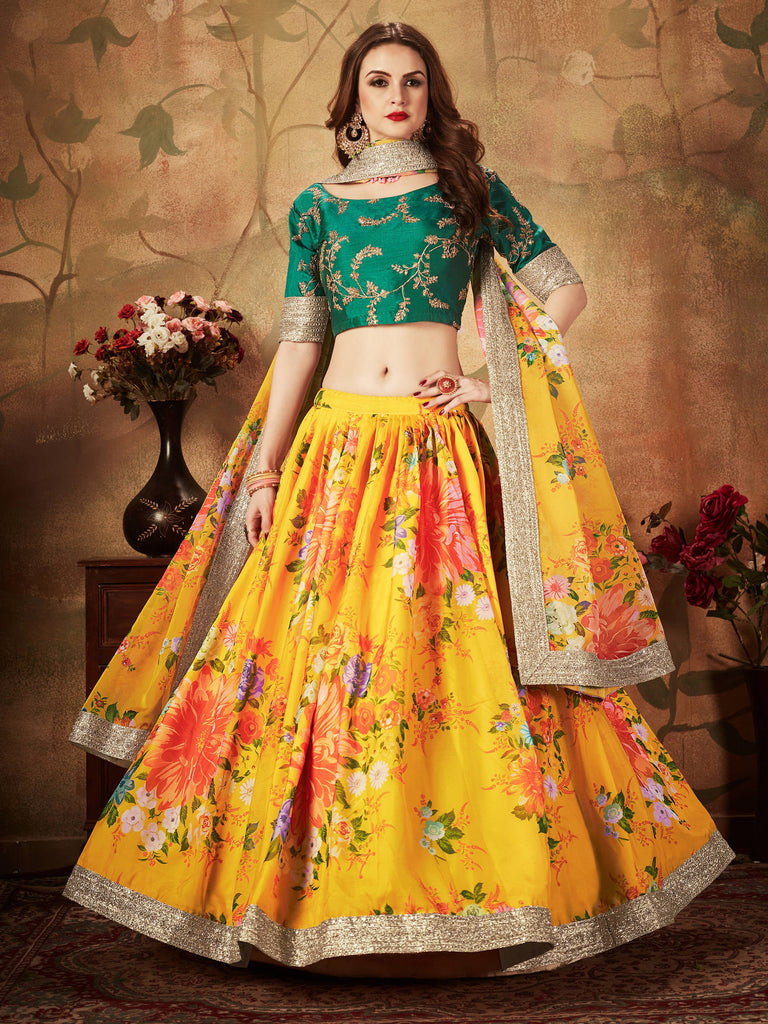 Radiant Yellow Digital Printed Organza Silk Bridal Lehenga Choli With Green Blouse ClothsVilla