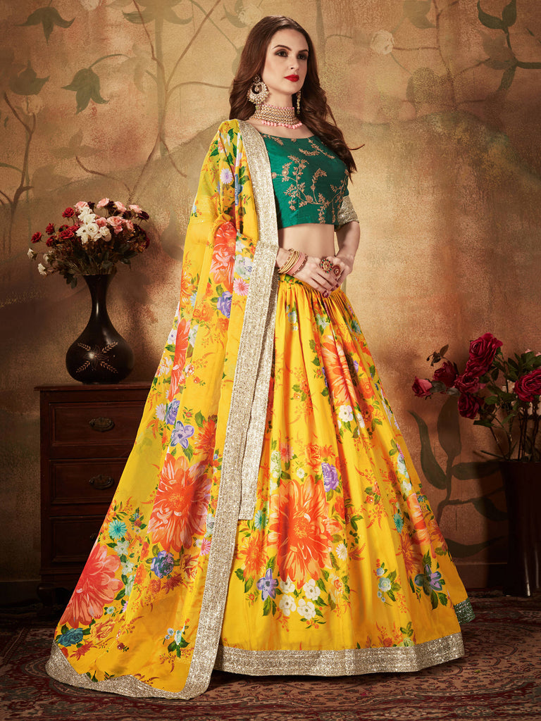 Radiant Yellow Digital Printed Organza Silk Bridal Lehenga Choli With Green Blouse ClothsVilla