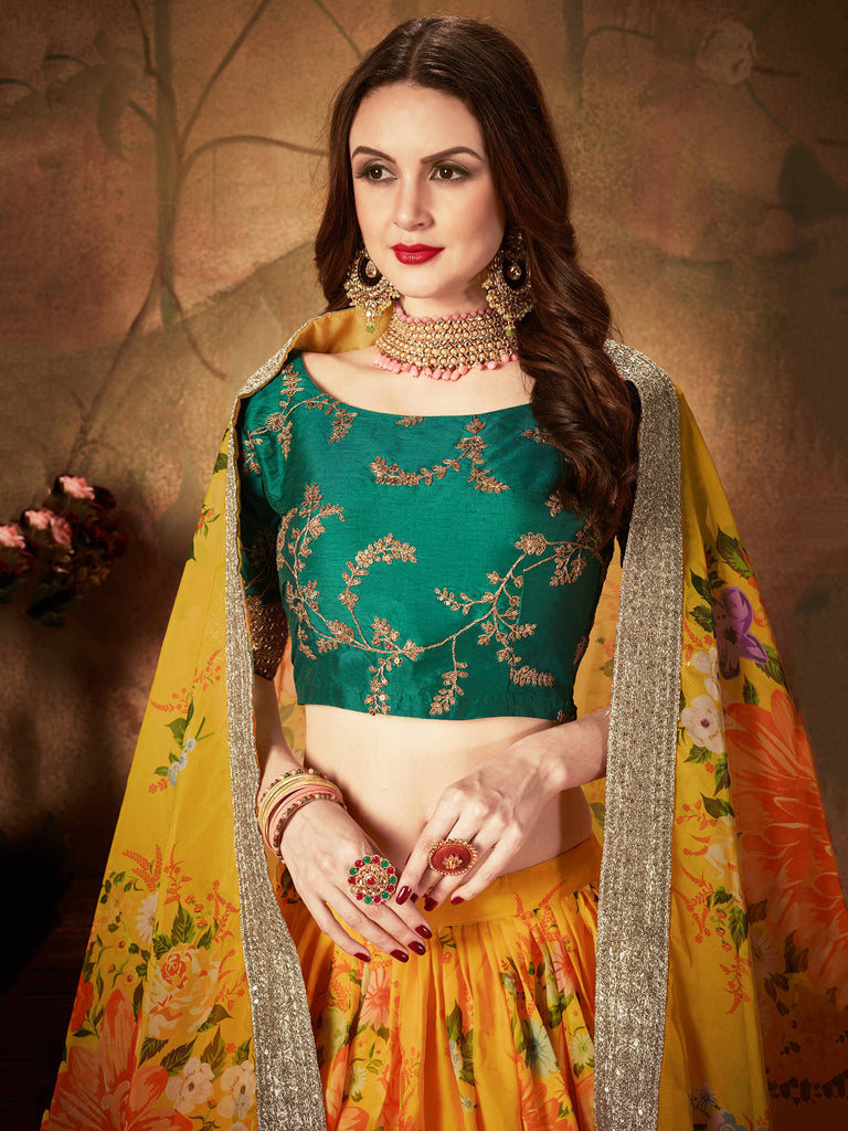 Yellow-Green Floral Digital Printed Organza Bridal Lehenga Choli ClothsVilla