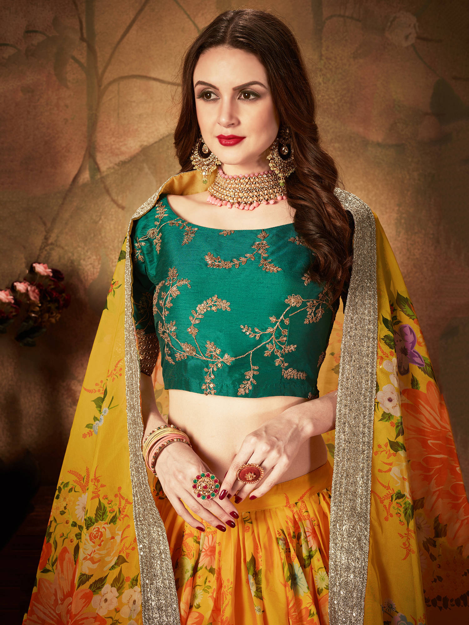 Radiant Yellow Digital Printed Organza Silk Bridal Lehenga Choli With Green Blouse ClothsVilla