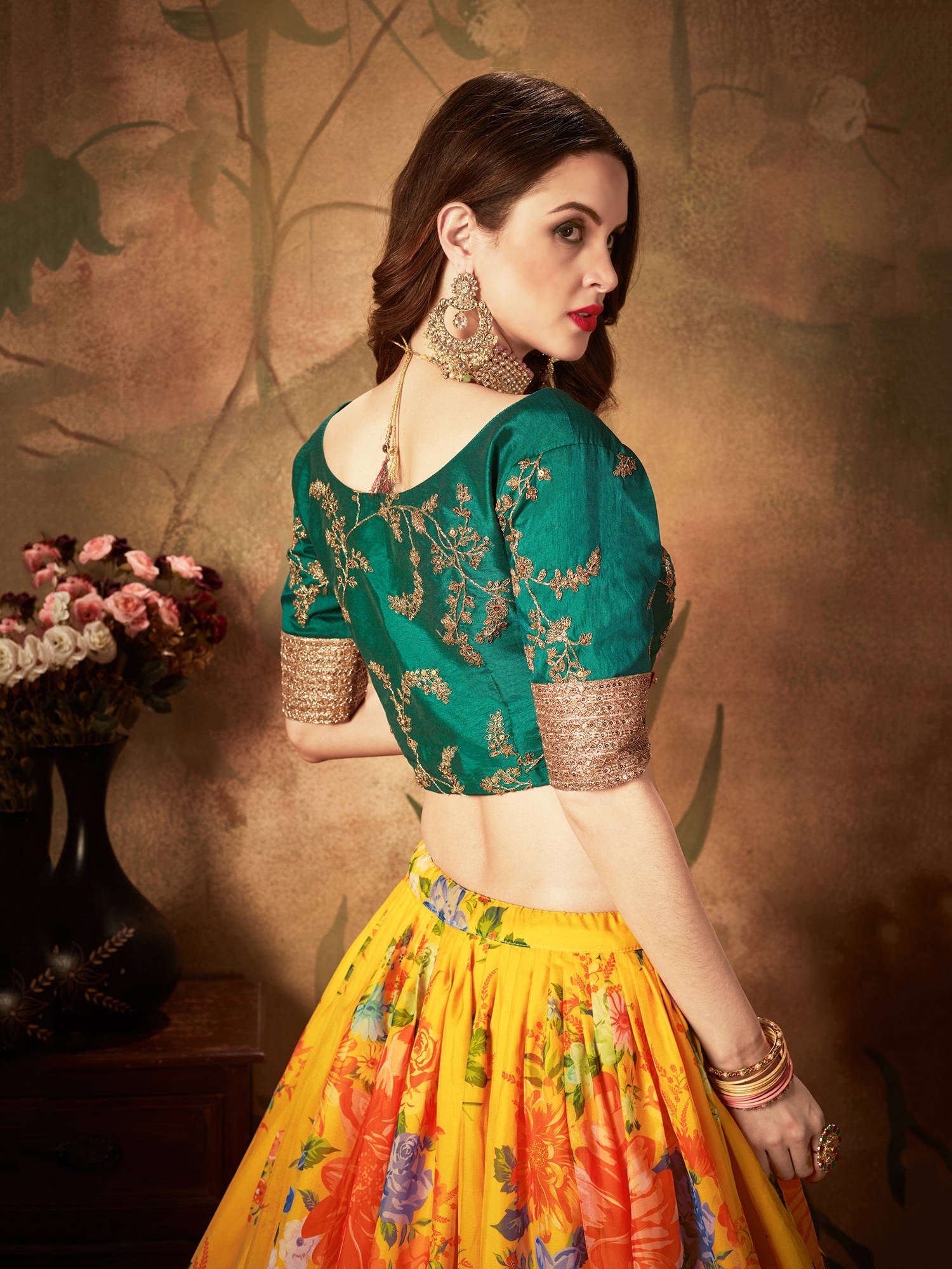 Yellow-Green Floral Digital Printed Organza Bridal Lehenga Choli ClothsVilla