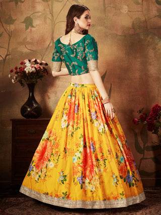 Yellow-Green Floral Digital Printed Organza Bridal Lehenga Choli ClothsVilla