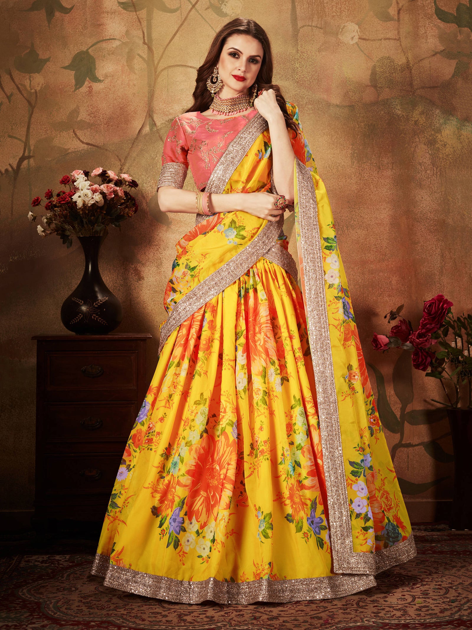 Adorning Yellow Digital Printed Organza Silk Wedding Lehenga Choli With Orange Blouse ClothsVilla
