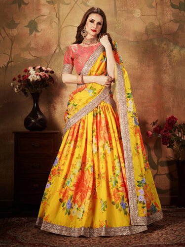 Adorning Yellow Digital Printed Organza Silk Wedding Lehenga Choli With Orange Blouse ClothsVilla